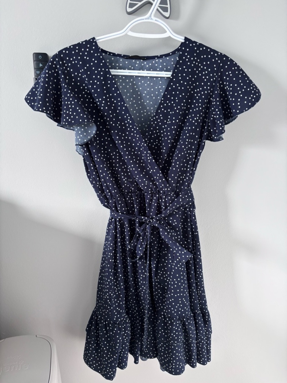 SHEIN Navy and White Polka Dot Wrap Mini Dress